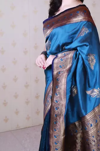 Teal ethnic motifs zari silk blend banarasi saree