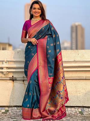 Navy blue ethnic motifs zari silk blend paithani saree 1