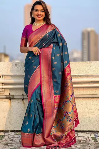 Navy blue ethnic motifs zari silk blend paithani saree