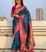 Navy blue ethnic motifs zari silk blend paithani saree