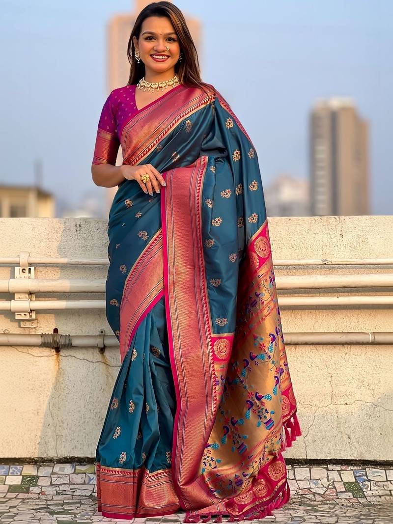 Navy blue ethnic motifs zari silk blend paithani saree