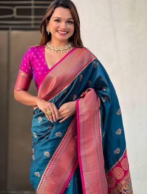 Navy blue ethnic motifs zari silk blend paithani saree 2