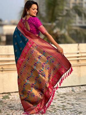 Navy blue ethnic motifs zari silk blend paithani saree 3