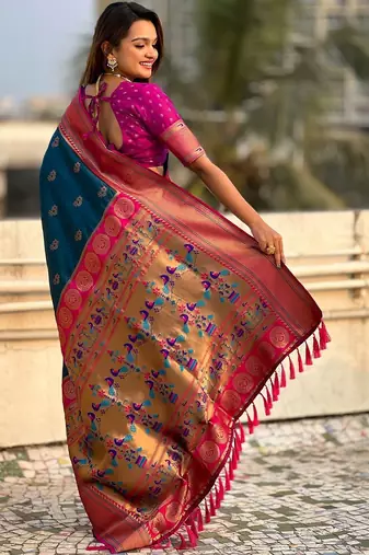 Navy blue ethnic motifs zari silk blend paithani saree