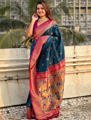 Navy blue ethnic motifs zari silk blend paithani saree 4
