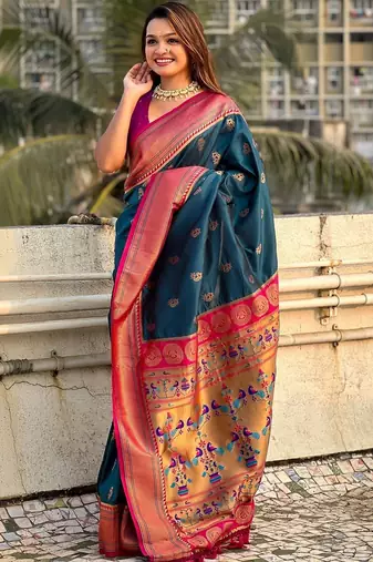 Navy blue ethnic motifs zari silk blend paithani saree
