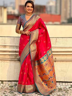 Pink ethnic motifs zari silk blend paithani saree 1