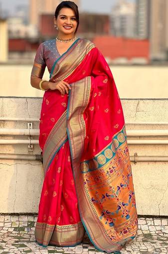 Pink ethnic motifs zari silk blend paithani saree