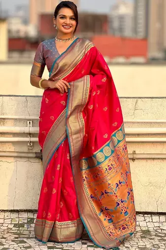 Pink ethnic motifs zari silk blend paithani saree