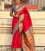 Pink ethnic motifs zari silk blend paithani saree