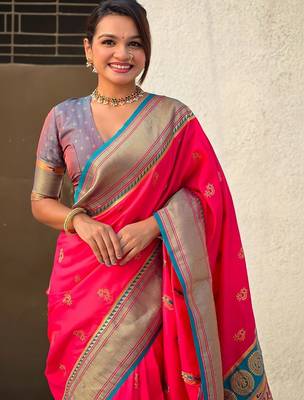 Pink ethnic motifs zari silk blend paithani saree 2