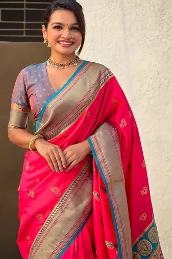 Pink ethnic motifs zari silk blend paithani saree