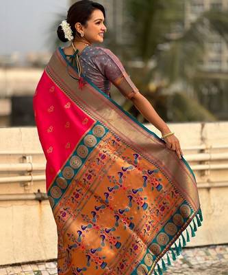 Pink ethnic motifs zari silk blend paithani saree 3
