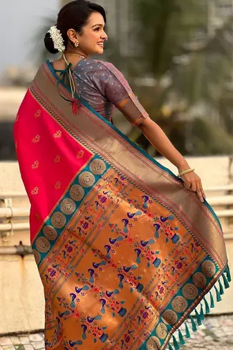 Pink ethnic motifs zari silk blend paithani saree