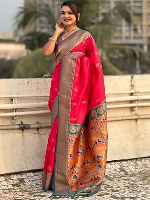 Pink ethnic motifs zari silk blend paithani saree 4