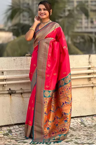 Pink ethnic motifs zari silk blend paithani saree