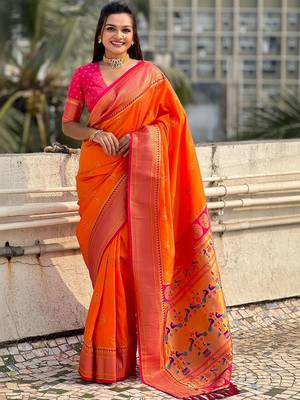 Orange woven design zari silk blend heavy work paithani saree 1