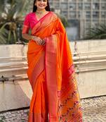 Orange woven design zari silk blend heavy work paithani saree