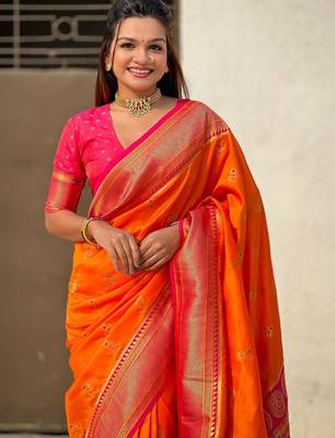 Orange woven design zari silk blend heavy work paithani saree 2