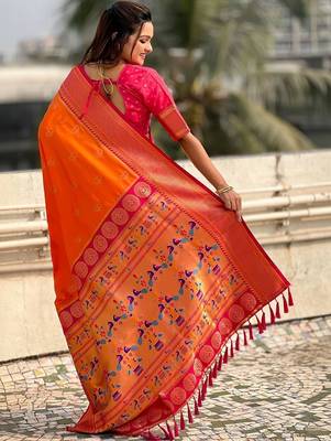Orange woven design zari silk blend heavy work paithani saree 3