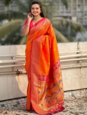 Orange woven design zari silk blend heavy work paithani saree 4
