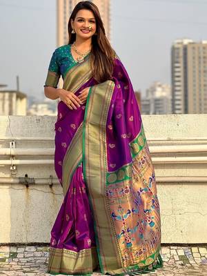 Purple woven design zari silk blend paithani saree 1