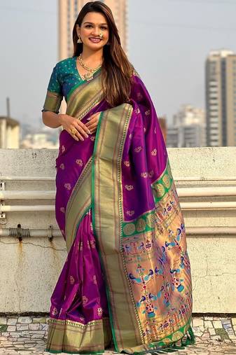 Purple woven design zari silk blend paithani saree