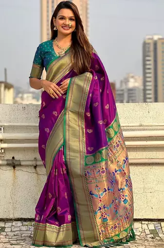 Purple woven design zari silk blend paithani saree