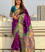 Purple woven design zari silk blend paithani saree