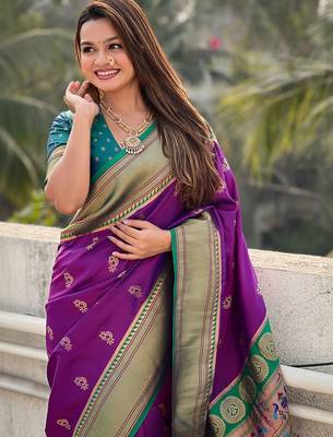 Purple woven design zari silk blend paithani saree 2