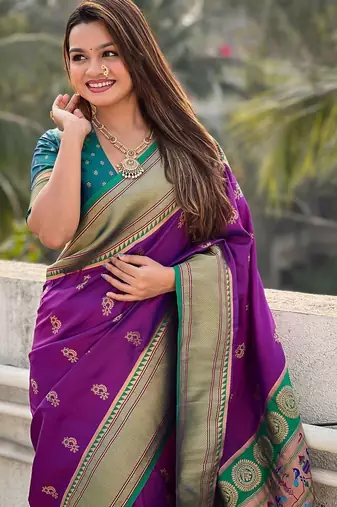 Purple woven design zari silk blend paithani saree