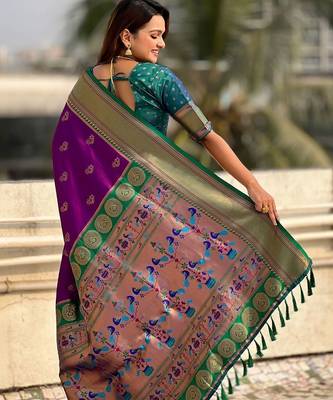 Purple woven design zari silk blend paithani saree 3