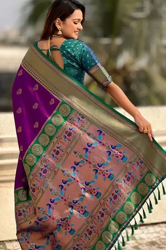 Purple woven design zari silk blend paithani saree