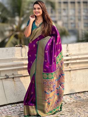 Purple woven design zari silk blend paithani saree 4