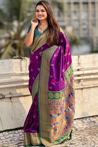 Purple woven design zari silk blend paithani saree
