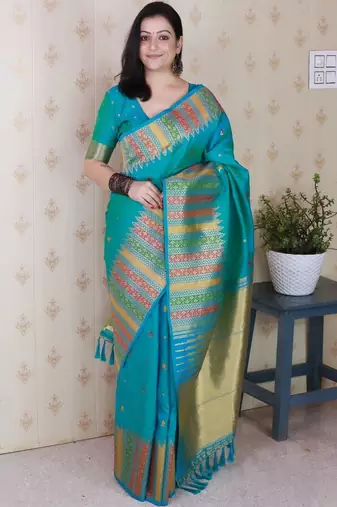 Teal ethnic motifs zari silk blend handloom kanjeevaram saree
