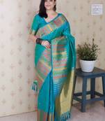 Teal ethnic motifs zari silk blend handloom kanjeevaram saree