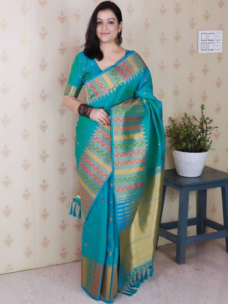 Teal ethnic motifs zari silk blend handloom kanjeevaram saree