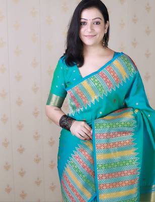 Teal ethnic motifs zari silk blend handloom kanjeevaram saree 2