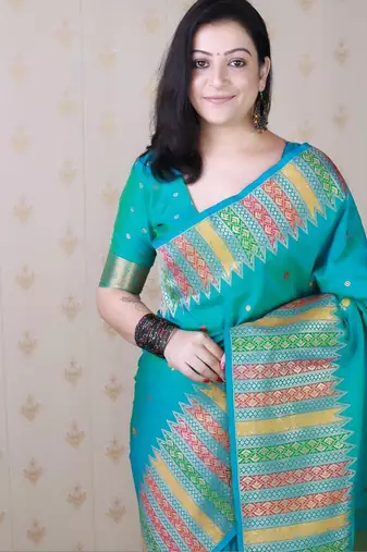 Teal ethnic motifs zari silk blend handloom kanjeevaram saree