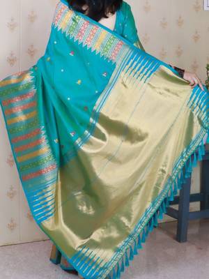 Teal ethnic motifs zari silk blend handloom kanjeevaram saree 3