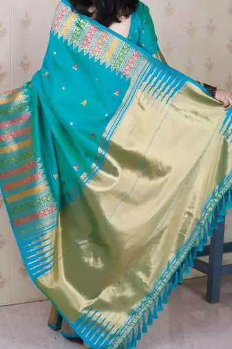 Teal ethnic motifs zari silk blend handloom kanjeevaram saree