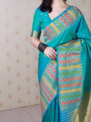 Teal ethnic motifs zari silk blend handloom kanjeevaram saree 4