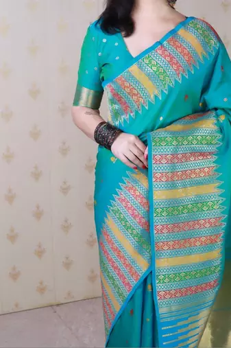 Teal ethnic motifs zari silk blend handloom kanjeevaram saree