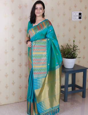 Teal ethnic motifs zari silk blend handloom kanjeevaram saree 5