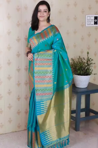 Teal ethnic motifs zari silk blend handloom kanjeevaram saree