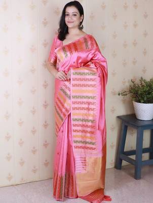 Pink woven design zari silk blend handloom kanjeevaram saree 1