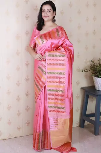 Pink woven design zari silk blend handloom kanjeevaram saree