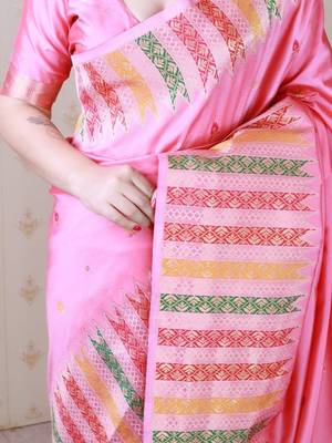 Pink woven design zari silk blend handloom kanjeevaram saree 4