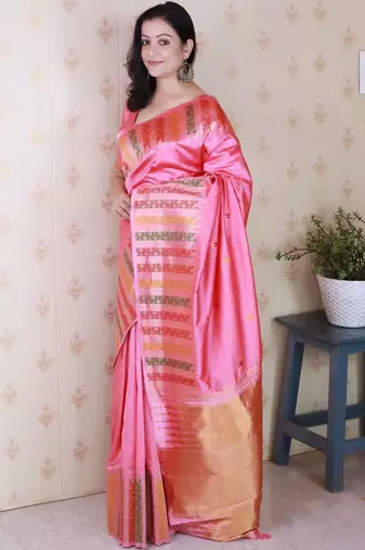 Pink woven design zari silk blend handloom kanjeevaram saree